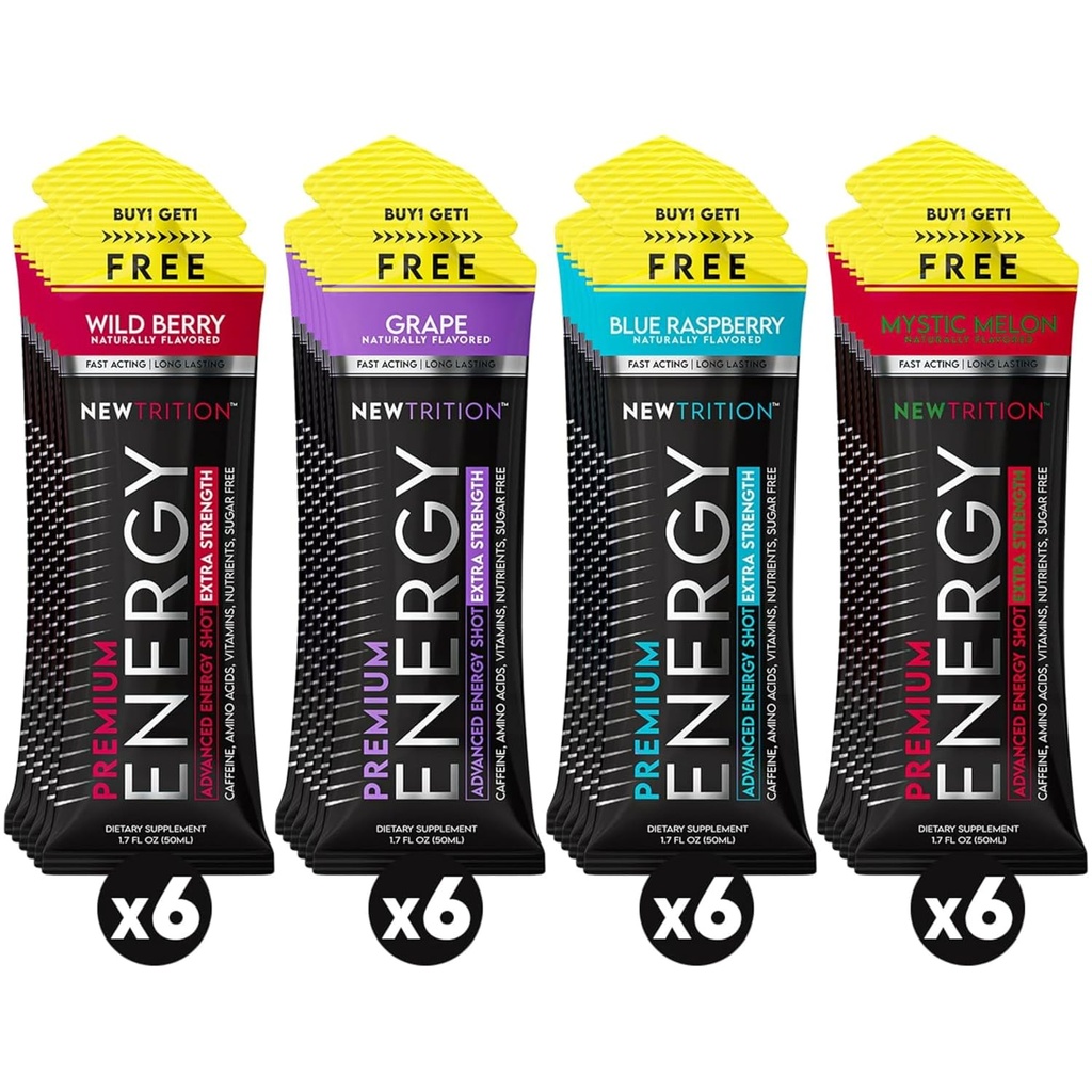 NewTrition® Extra Strength Energy Shots 1,7 fl oz (verpakking van 24, 4 smaken) - 250 mg cafeïne met B-vitaminen en Aminozuren, suikervrije Zero Calorie Vitamine Energie Drink voor Focus & Endurance (mixed-1)
