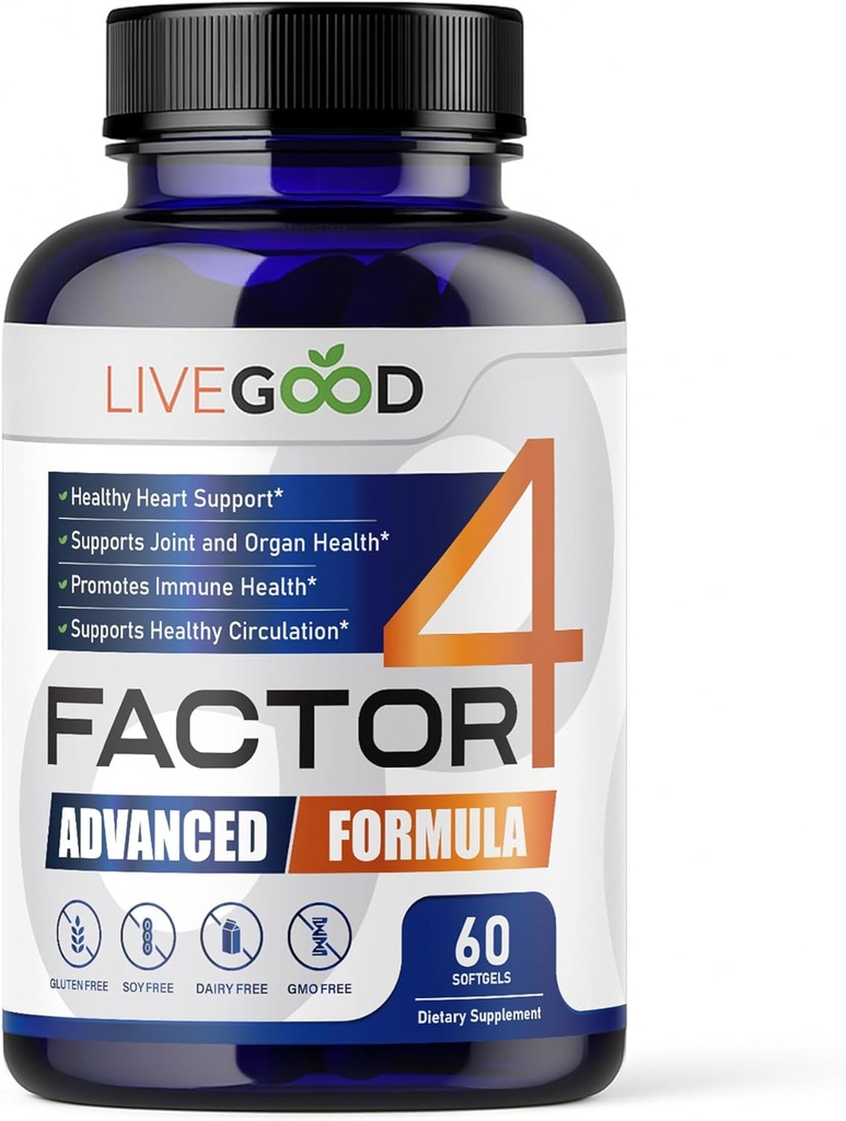 LIVEGOODTM Factor 4, Omega 3 Visolie met EPA & DHA, CoQ10, en Kurkuma, geavanceerde Q10 CoEnzyme & CoQ10 Supplementen, DHA Supplementen voor Hart, Gezamenlijke & Immuun Ondersteuning, Made in USA, 60 Tel,