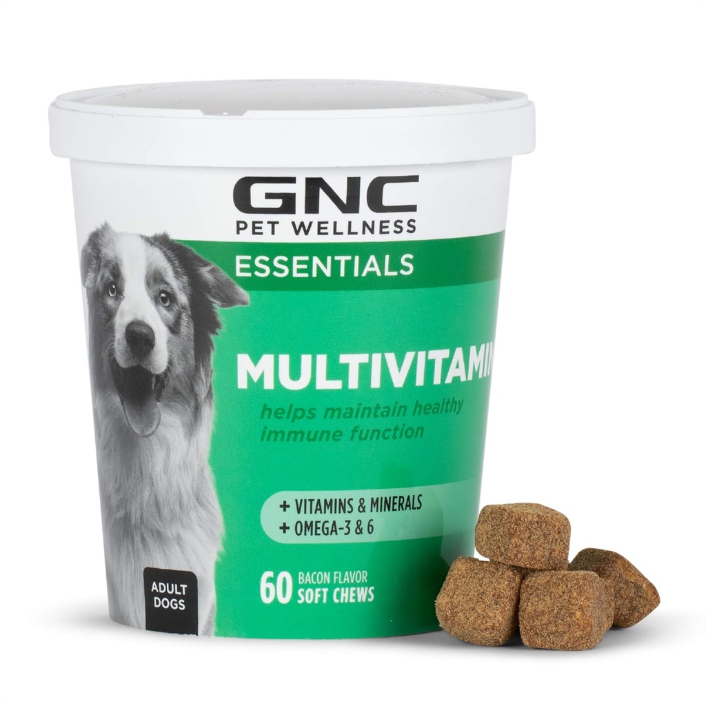 GNC Huisdieren Essentials Honden Multivitamine Zachte Kauwen, Zalmolie Hondensupplement in spek smaak, Immune Booster en huid en jas ondersteuning Kauwbaar met vitamines en mineralen, 60 Tellen