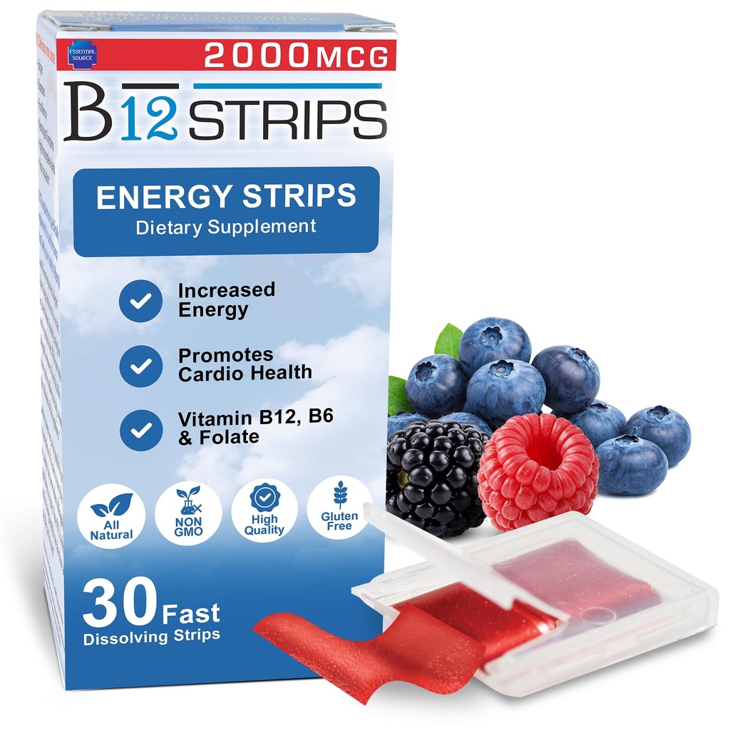 Essentiële Bron 2.000 mcg Methylcobalamine Vitamine B12 Sublingual Energy Strips Biotin, B6, 5-MTHF L-Methyl- en-Middelbaar Sublingual B12 Vitaminen, Folaat . Energie, Zenuwfunctie - 30 Strips