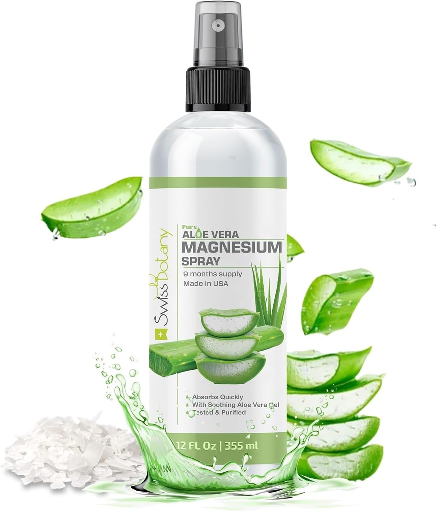 Topical Magnesium Spray met Aloë Vera - Pure Magnesium Oil Spray voor Stress Relief - USP Grade Aloë Vera Magnesium Spray voor Slaap - 12 Fl Oz