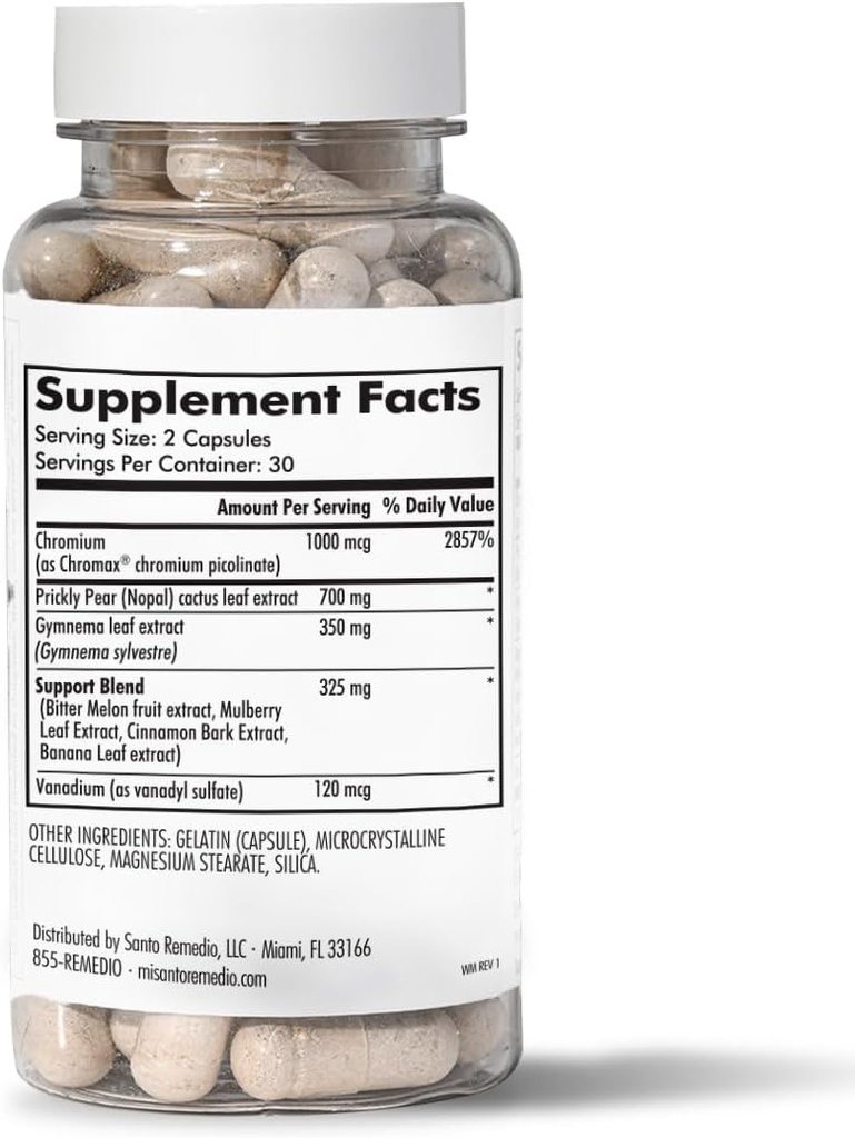 De Exclusieve Formule van Santo Remedio met Nopal, Chroom Picolinaat (Chromax), Gurmar (Gymnema Silvestre) en Vanadyl Sulfate. 60 Capsules (30 Servings)