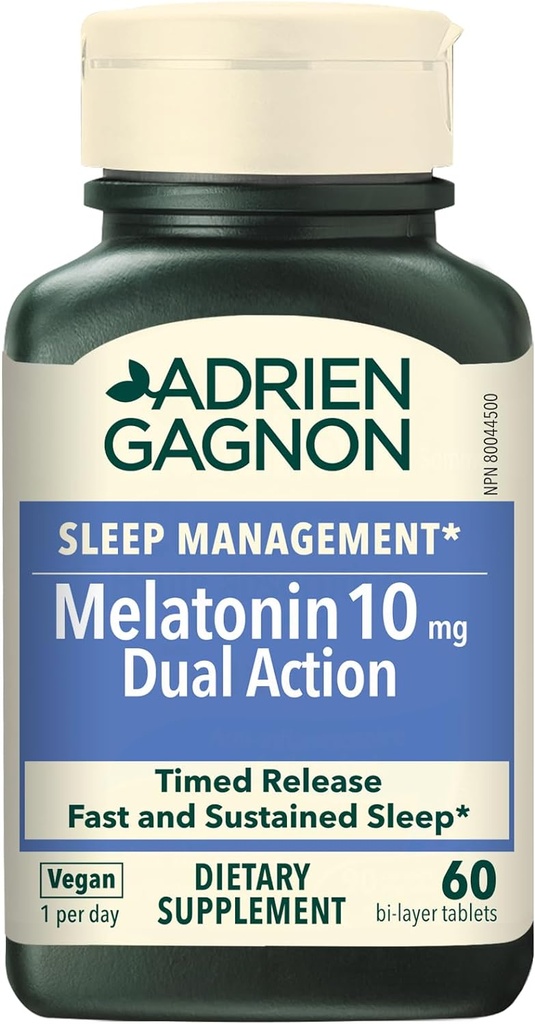 Adrien Gagnon - Melatonine 10mg, Dual Action Time Release Melatonine voor diepe slaap, natuurlijke slaapmiddelen voor volwassenen Extra sterkte, 60 Vegan Melatonine Snelle oplossen tabletten