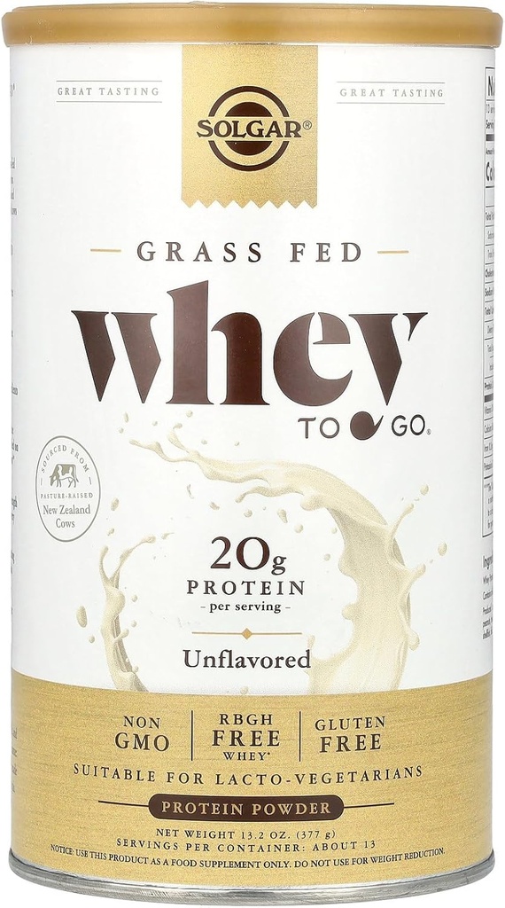Solgar Grass Fed Whey to Go Proteïnepoeder Ongearomatiseerd, 11,2 oz - 20 gram Grass-Fed Proteïne uit Nieuw-Zeeland Koeien - Grote Proeverij & Mixes Gemakkelijk - Ondersteunt sterkte & herstel - Niet-GMO, 13 Serven