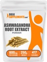 BulkSupplements.com Ashwagandha Root Extract Powder - Ashwagandha Supplement, Herbal Supplement - Vegan & Glutenvrij, 600mg per portie, 250g (8.8 oz) (pakket van 1)