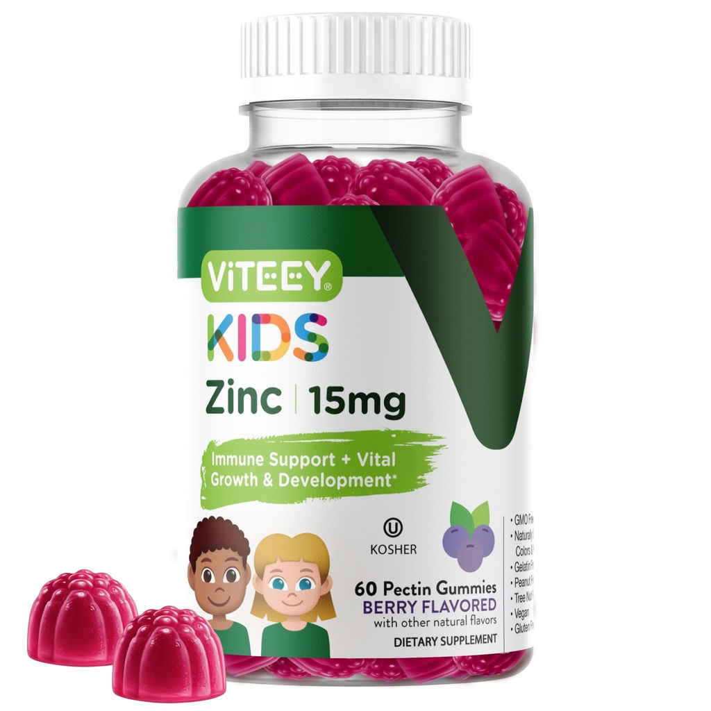 Viteey Zink voor kinderen Gummies, 15mg - Immune Support - Krachtige natuurlijke antioxidant, Kids Zink Vitamine Supplement - Veganistisch, Gelatinevrij, Glutenvrij - Smakelijk Kauwbare Berry Flavor Gummy