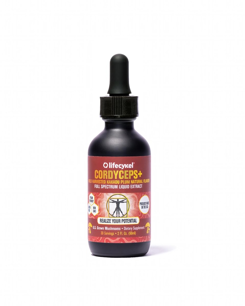 Lifecykel Cordyceps Mushroom Extract w/Kakadu Plum- Natural Energy Supplement for Fatigue & Stamina- Mycelium Vitamine C Antioxidanten Niet GMO Biologische Paddenstoelen Made in US, 2 Fl oz (Verpakking mei Vary)