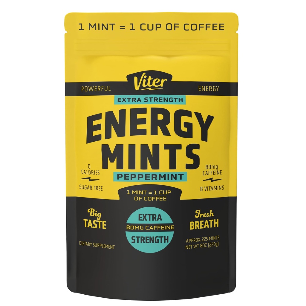 Viter Energie Extra sterkte Cafeïnated Mints 80mg Cafeïne, B Vitaminen, Suikervrij. (Peppermint, 8oz, Bulk Bag)