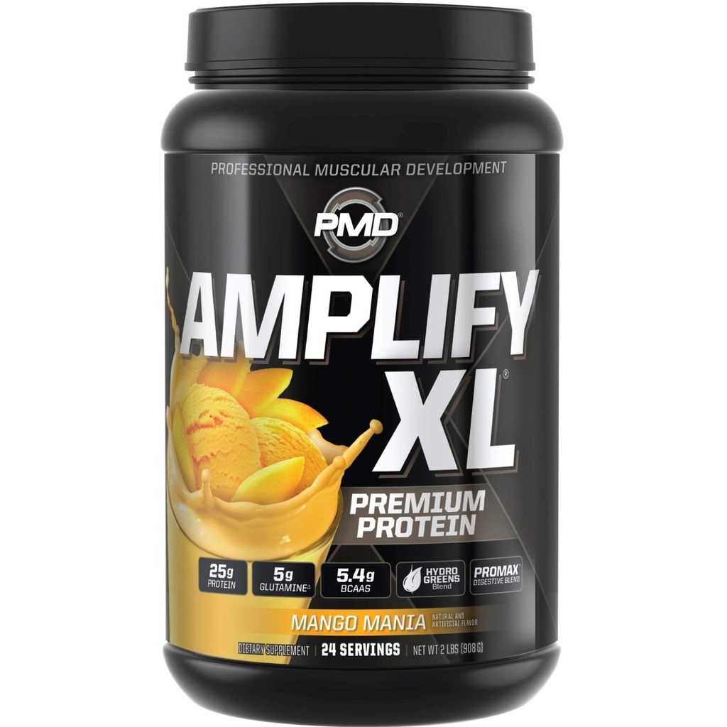 PMD Sports Amplify XL Premium Wei Proteïne Supplement Hydro Greens Blend - Glutamine en Wei Proteïne Matrix met Superfood voor Spier, Kracht en Herstel - Mango Mania (24 Servers)