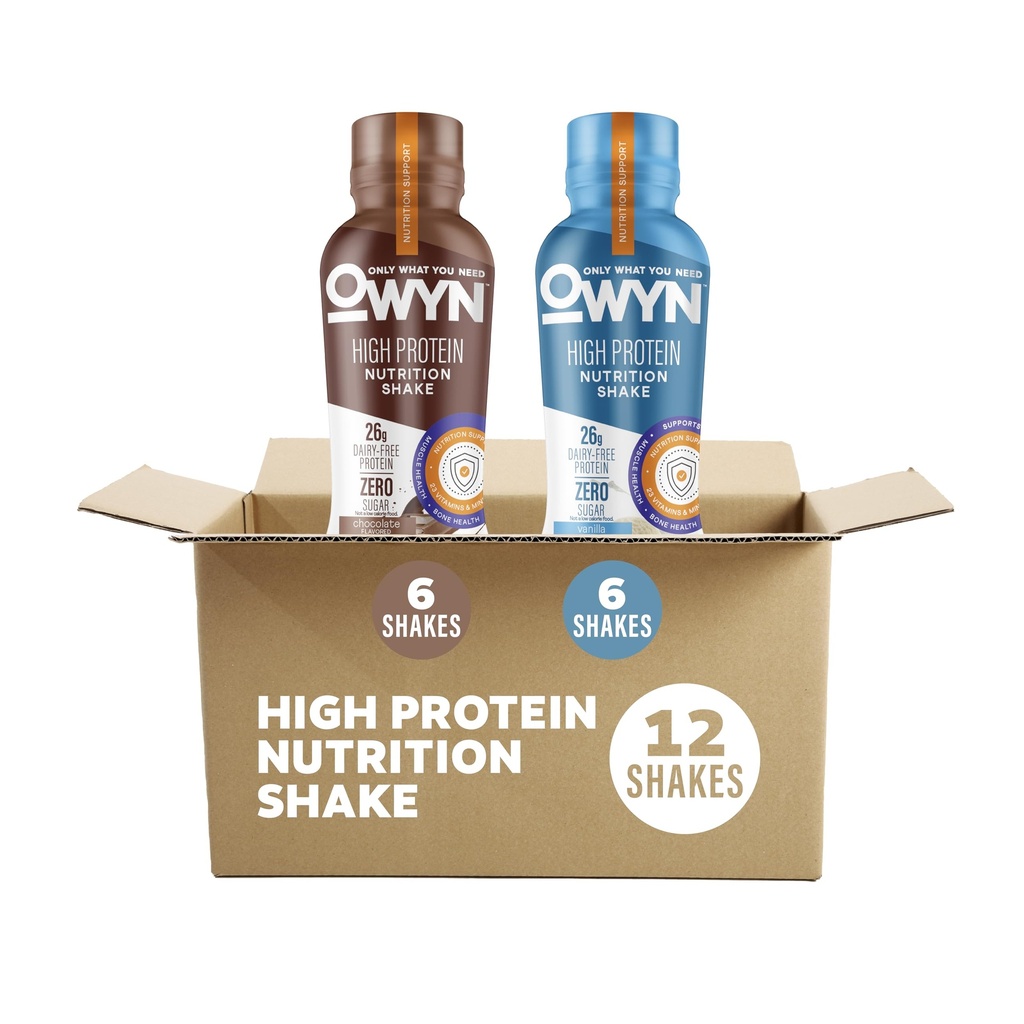 OWYN Alleen wat u nodig heeft High Protein Plant Based Complete Voeding Shake, Chocolate & Vanilla Variety Pack, 12 Fl Oz (12 Pack)