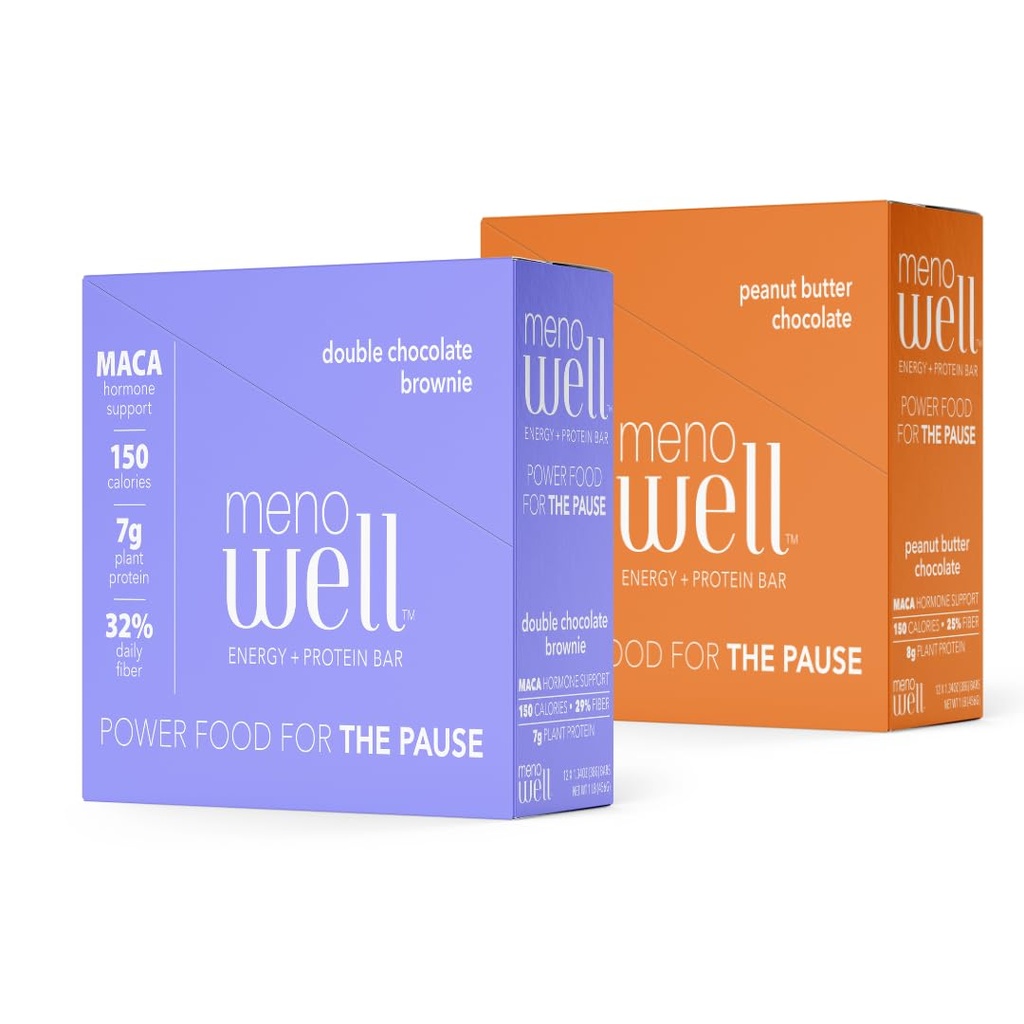 MenoWell Menopauze energie en proteïnerepen voor vrouwen (Formulier Bossa Bar), Double Chocolate Brownie (10 Tellen) en Peanut Butter Chocolate (10 Tellen), High Fiber en Protein, 20 Tellen (1 Doos van Elk)
