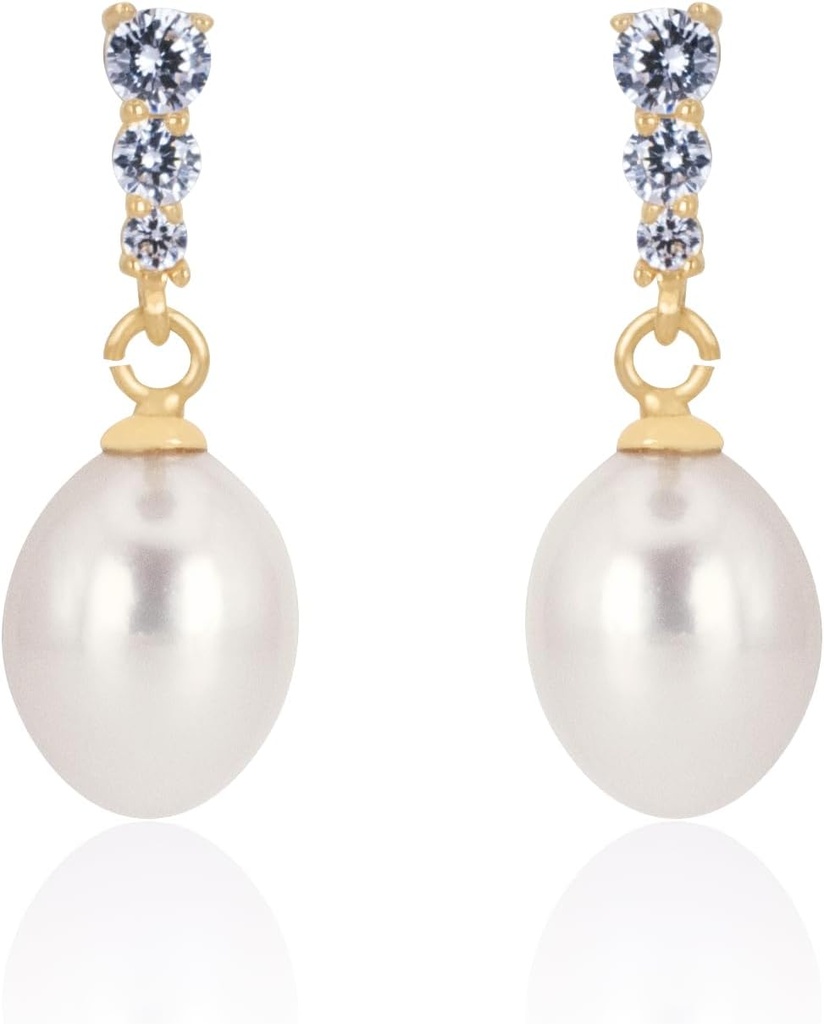 18K Gold Plated Sterling Zilveren Dangle White Drop Hand geplukt Kwaliteit Zoetwater Cultuur Pearl bruiloft oorbellen met Cubic Zirconia kristallen parel bruids oorbellen sieraden voor bruiden