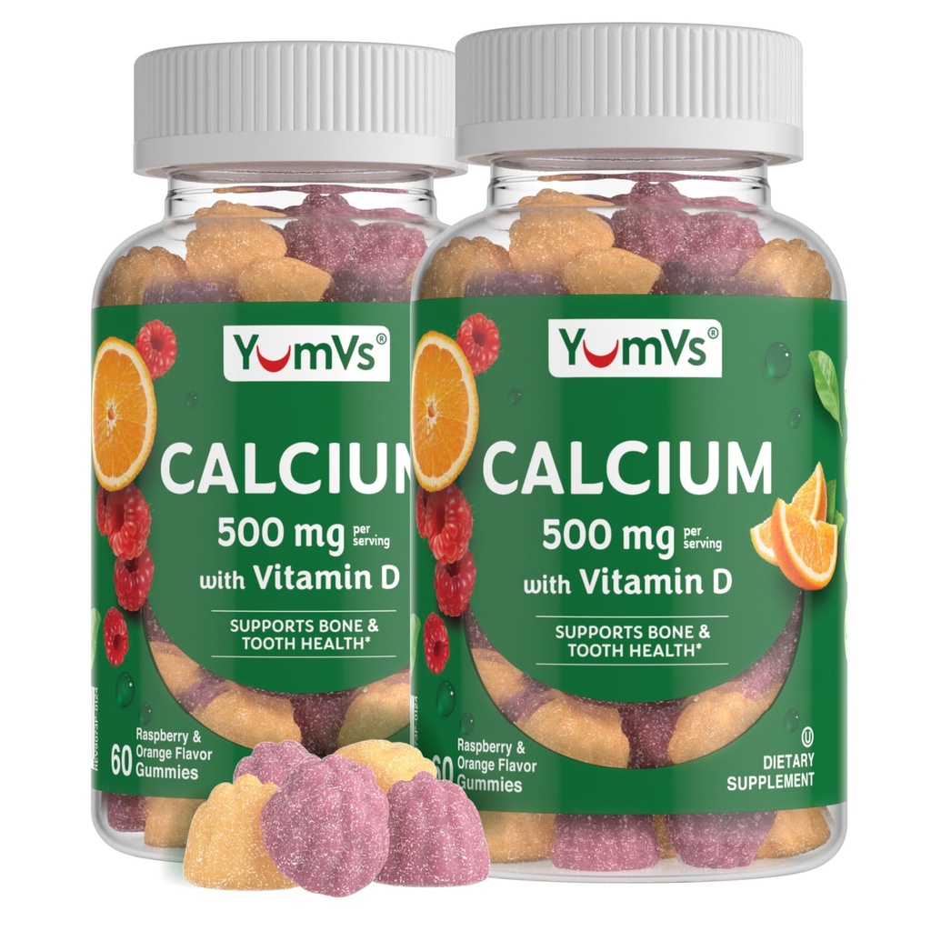 YumVs Calcium 500mg met vitamine D3 - Raspberry & Orange Flavor Calcium Vitamine D Gummies, Kauwbaar Calcium Supplement voor kinderen & Volwassenen, Vitamine D Calcium Gummies (60 Tellen (pakket 2))