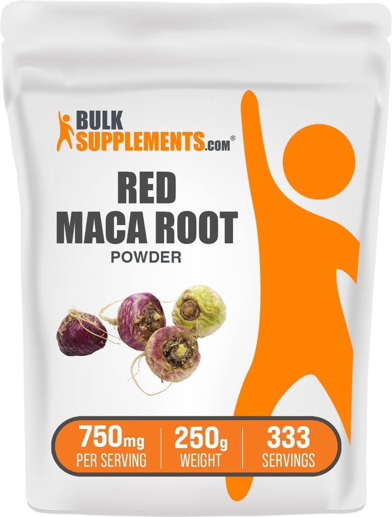BulkSupplements.com Red Maca Powder - from Root, Maca Supplement, Herbal Supplement - Vegan & Glutenvrij, 750mg per Serving, 250g (Pack of 1)