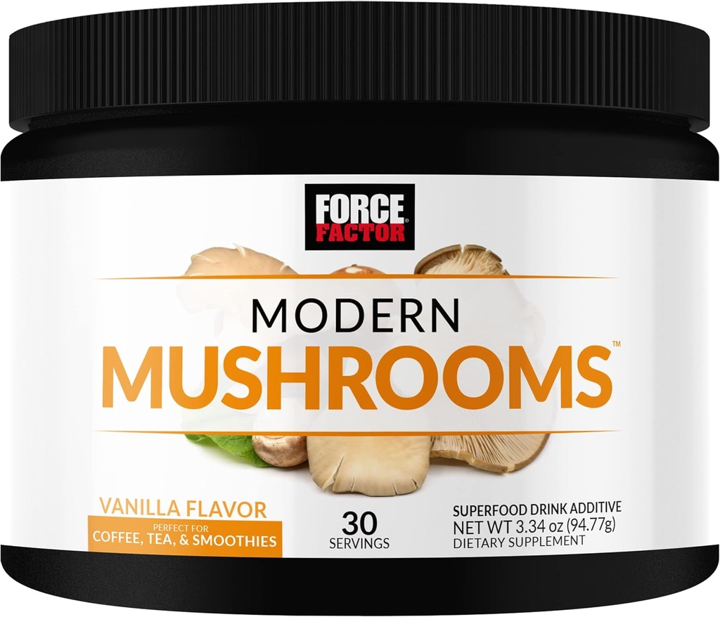FORCE FACTOR Moderne paddo poeder, paddo supplement met Lions Mane, Turkije staart, & Cordyceps ter ondersteuning van energie, focus, immuniteit, & spijsvertering, Vanille smaak, 30 porties