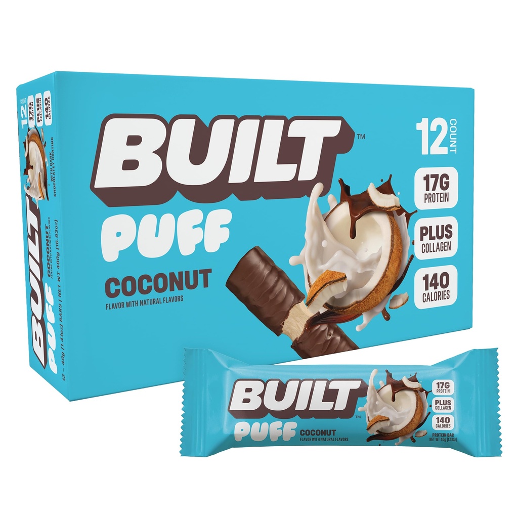 Built Bar, Puff Protein Bars, Coconut Puff, 17g Protein Snacks, On-The-Go Bars, Slechts 140 Calorieën, 6g Suiker, Collageen, Glutenvrij, 12 Tellen