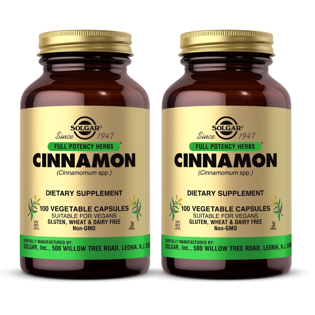 Solgar Cinnamon - 100 plantaardige capsules, Verpakking van 2 - Volledige Potentie (FP) - Non-GMO, Veganistisch, Glutenvrij, Zuivelvrij, Kosher - 200 Totaal porties