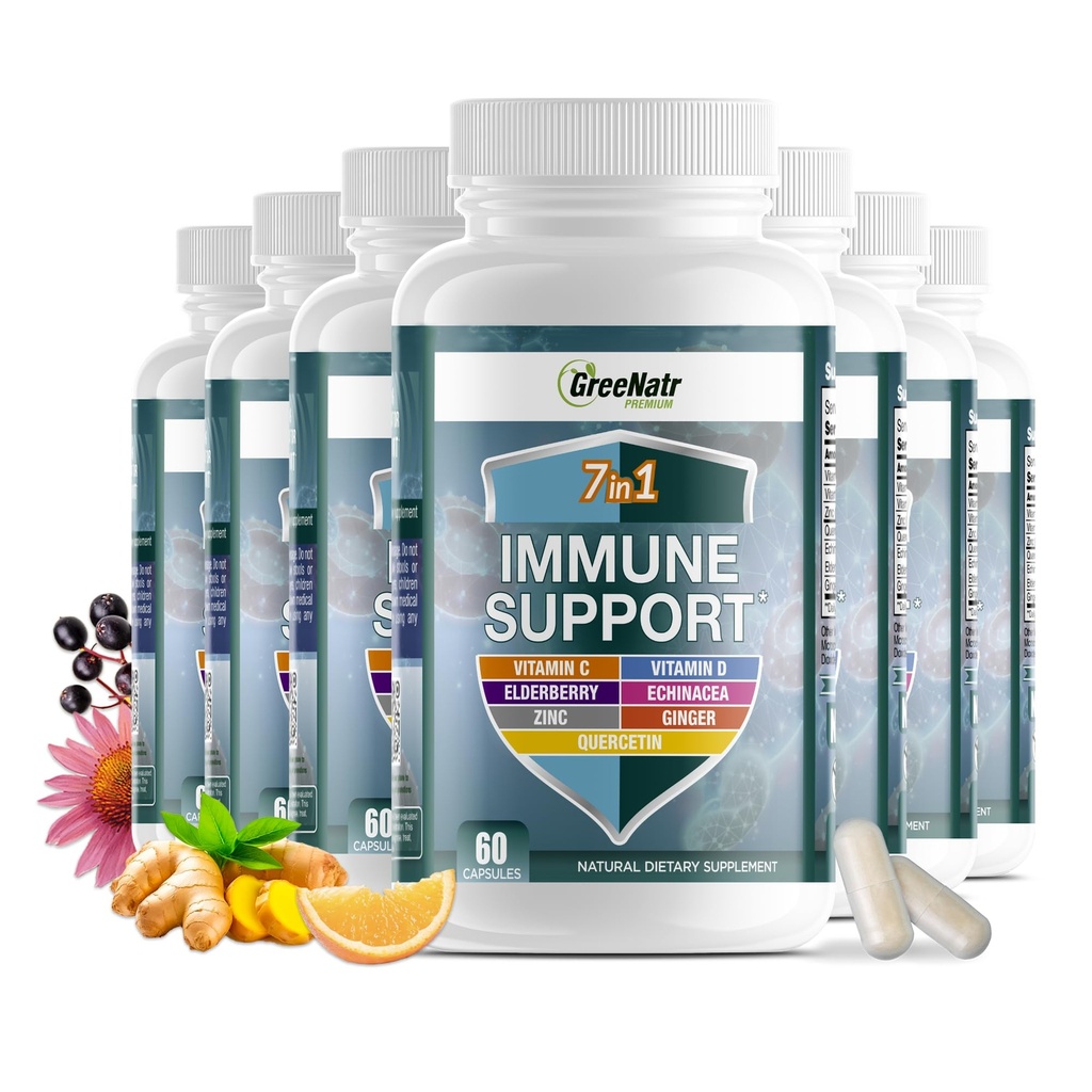 GreeNatr 7 in 1 Immuun Support Supplement met vitamine C, vitamine D3, zink 50mg, quercetine, Echinacea Purpurea, Sambucus Vlierbessen en gember voor volledige immuniteit - 60 capsules (12 flessen)
