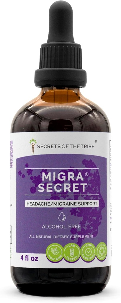 Migra Secret Alcohol-Free, Glycerite Feverfew, Ginger, Periwinkle, Ginkgo, Peppermint. Tinctuur, Herbal Extract Hoofdpijn/Migraine Ondersteuning 4 OZ