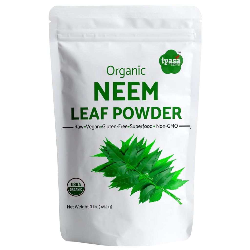 Iyasa Holistics Biologische Neem Powder Ayurveda kruid en superfood, Ondersteunt bloed en lever zuivering, bevordert gezonde haren en heldere huid, hersluitbare zak van 16 oz/ 453g