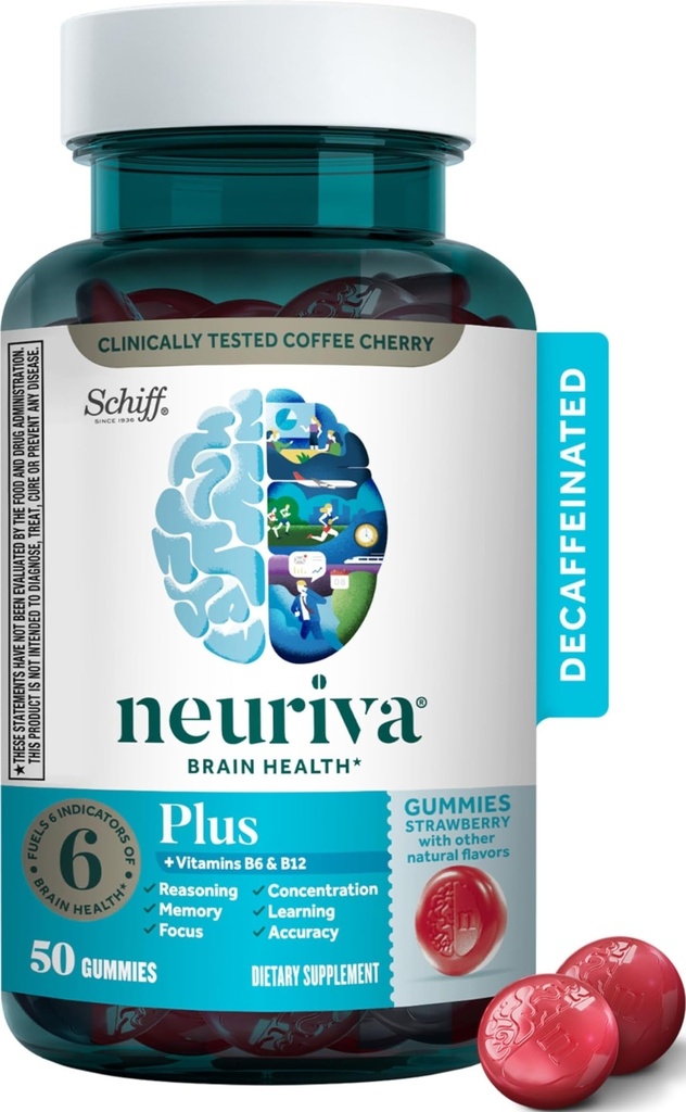 NEURIVA Plus Hersensupplement voor Geheugen, Focus & Concentratie + Cognitieve functie met Vitaminen B6 & B12 en klinisch geteste Nootropics Fosfatidylserine en Neurofactor 50ct Aardbei Gummies
