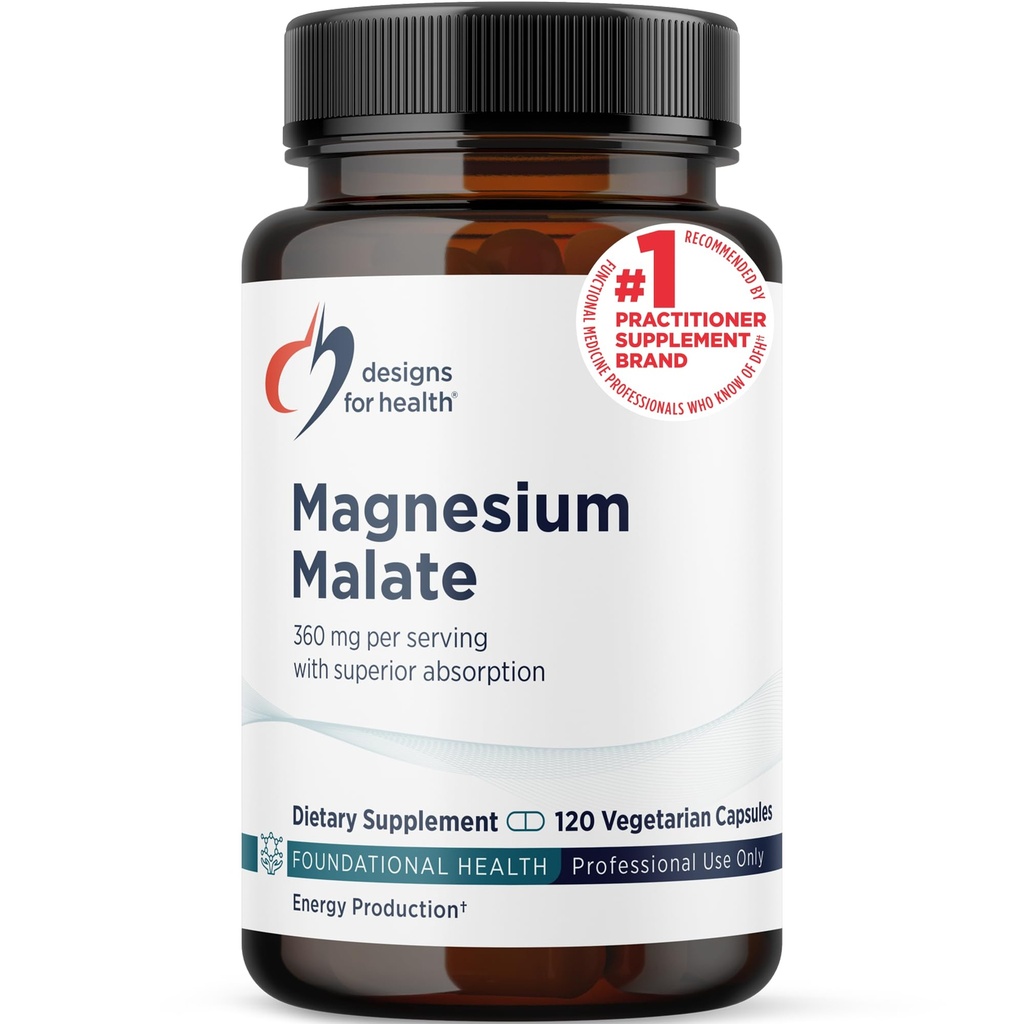 Designs for Health Magnesium Malate - Chelated Magnesium as Di Magnesium Malate - Highly Bio available Form to Support Energy, Bone Health + Muscle Recovery (120 Magnesium Malate Capsules)