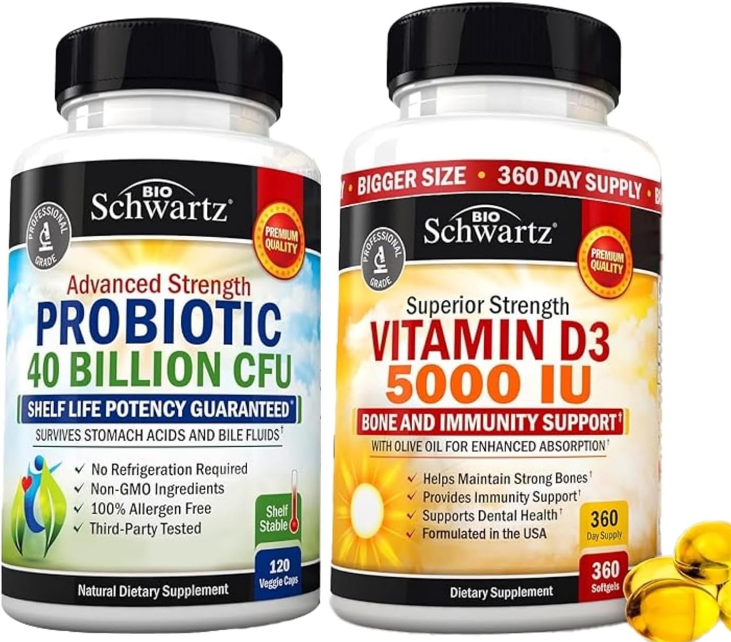 Vitamine D3 5000 IE 125 mcg (1 Jaarvoorraad) Plus 40 miljard CFU Daily Probiotic Supplement (2 Maandvoorziening)