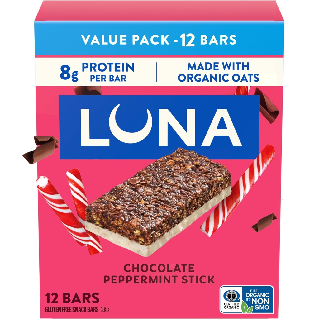 LUNA Bar - Chocolate Peppermint Stick Flavor - Gluten Free Snack Bars - Non-GMO - Protein Bars - Made with Organic Oats - Value Pack (12 Pack)