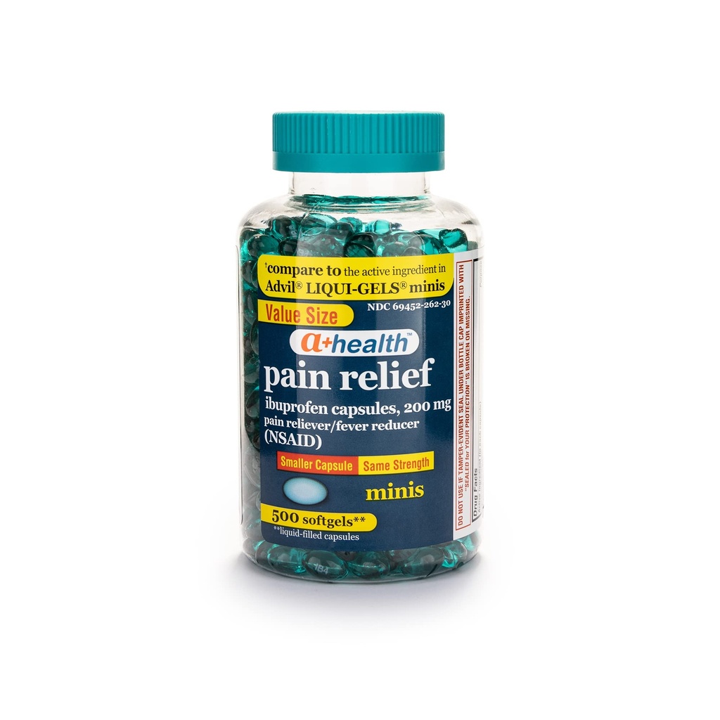 A+Health Mini Ibuprofen 200 Mg Softgels, Pain Reliver/Fever Reducer (NSAID), 500 Telling