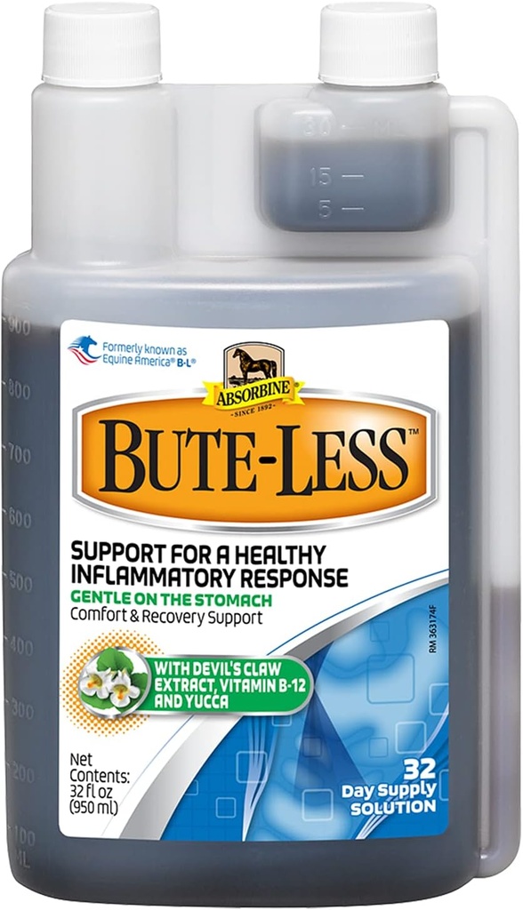 Absorbine Bute-Less Long-Term Horse Comfort & Recovery Supplement Solution, Zacht op de maag, Duivelsklauw, Vitamine B-12, Yucca, 32oz / 32 Day Supply