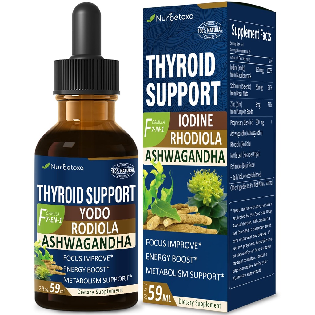 Schildkliersteundruppels - Liquid Jodium Supplement, Gotas de YODO y Selenio para Tiroides, Con Rodiola Semenovii y Ortiga, Fight Brain Fog w/Ashwagandha & Rhodiola Extract Tinctuur.2 oz