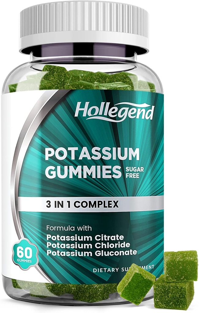 Kalium 3 in 1 Complexe Gummies Suikervrij, Nieuwe Formule met 99mg Kalium citraat, Kaliumchloride, Kalium Gluconaat, Leg Kraampjes en Spiersupplementen, 60 Kauwtabletten