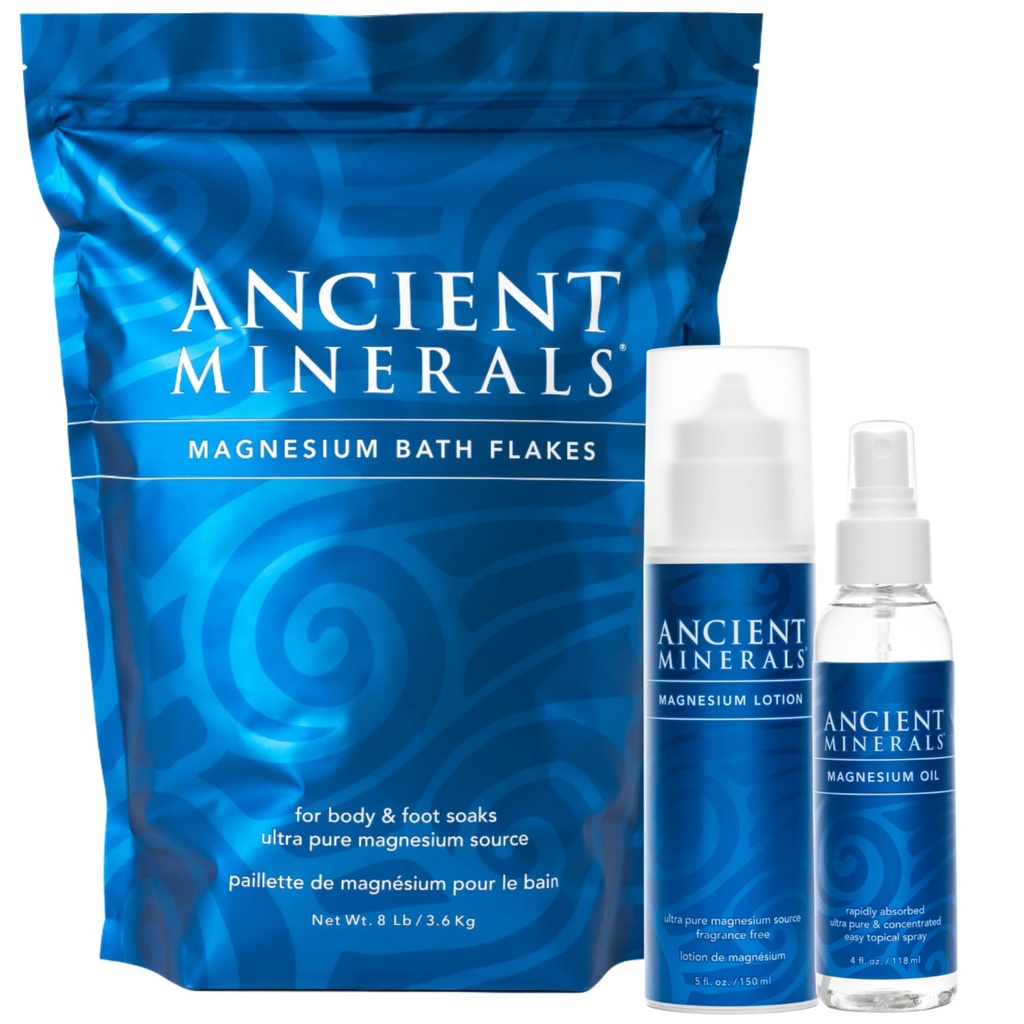 Oude mineralen Magnesiumbadvlokken - Magnesium Oil Spray en Magnesium Lotion - Hoge absorptie-efficiëntie voor ontspanning, Wellness & Muscle Relief
