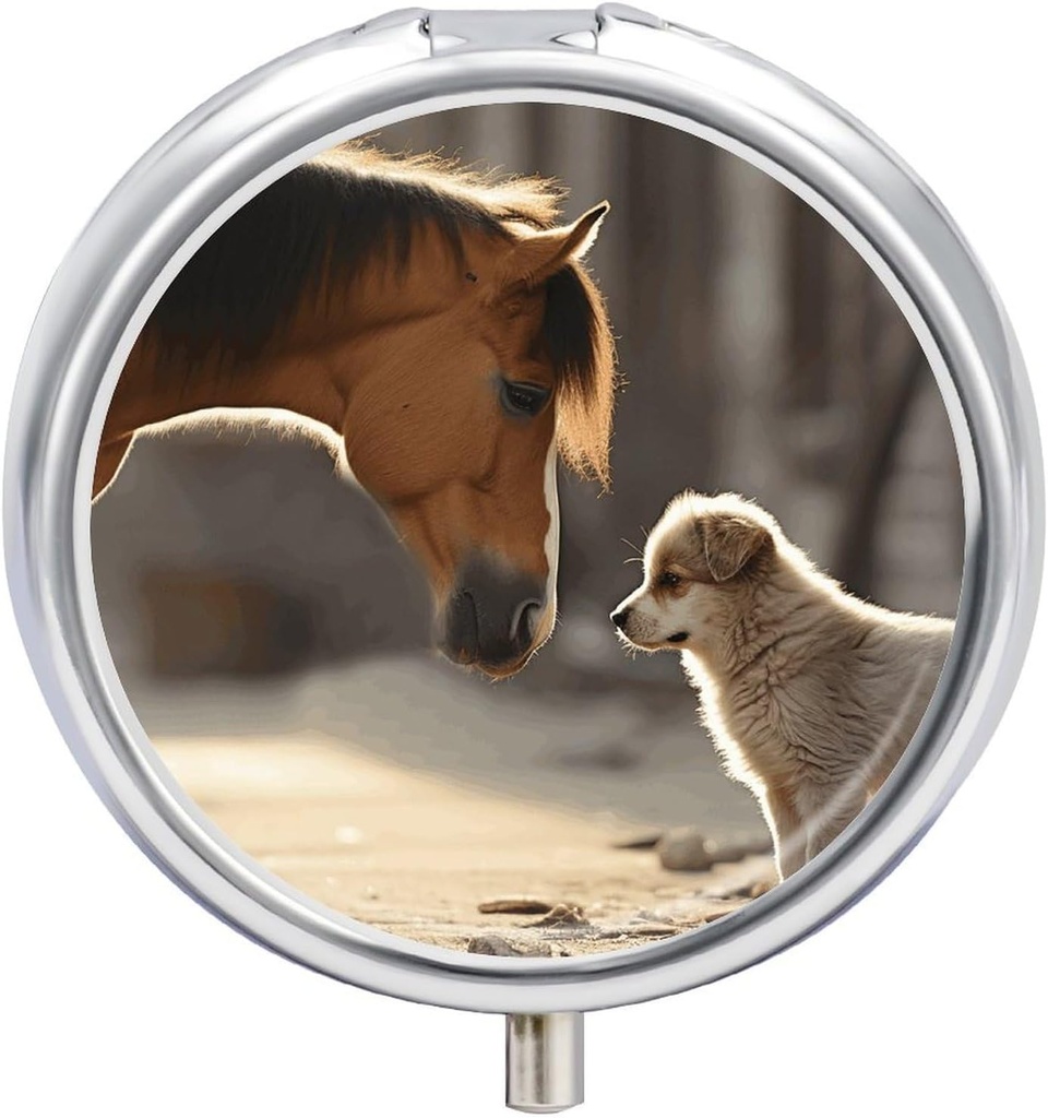 Leuke hond en paard geprinte pil Box kleine pillen geval voor portemonnee & Pocket 3 Compartiment reizen pil dozen metaal ronde kleine pil Organizer om vitamines, medicijnen, visolie en supplementen te houden