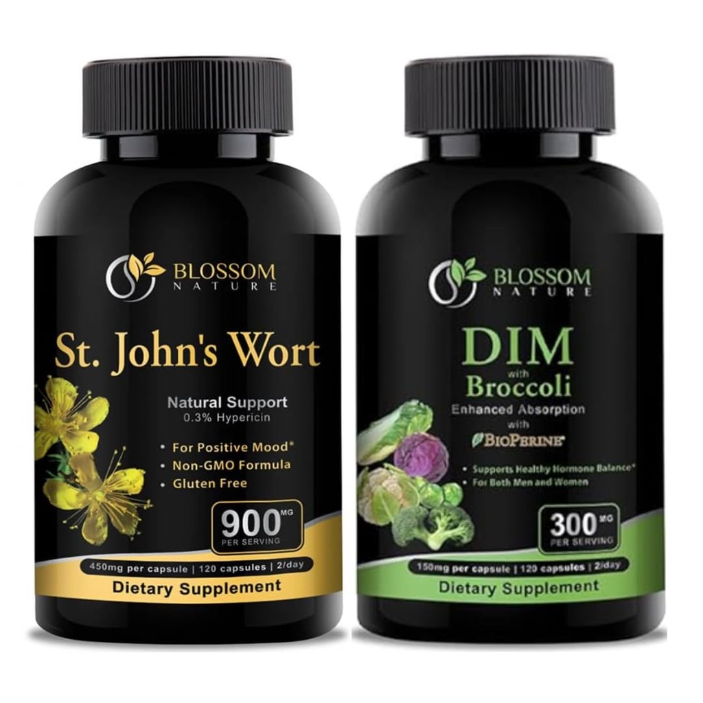 St Johns Wort 900mg-Mood Ondersteuning Supplement-Calm Supplementen. DIM Supplement 300mg met Broccoli 200mg BioPerine 10mg-Hormone en Estrogeen Balance for Women&Men.120 Plantaardige Capsules(2 MAANDEN LEVERING)