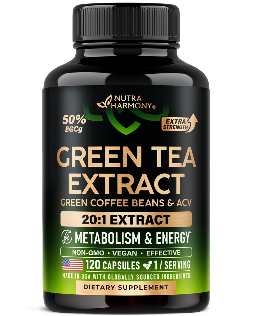 Groene thee Extract Capsules met Green Coffee Beans & Apple Cider Vinegar - Energy & Metabolisme Support - Green Tea Supplement 50% EGCG - 20:1 Natural Extract - voor mannen en vrouwen - 120 Vegan Capsules