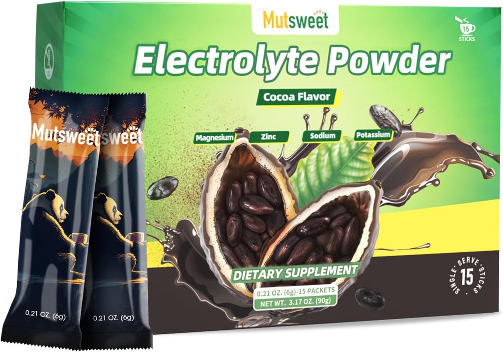 Hydrate Electrolytes Powder Packets, Electrolytes Powder No Sugar Electrolytes Drink Mix with 4 Electrolytes, Vegan, Non-GMO - 15 Sticks - Cacao Smaak
