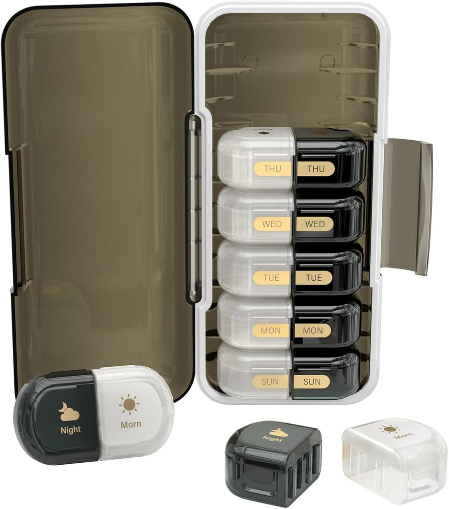 Wekelijkse pil Organisator 2 keer per dag, Vocht-Proof, Afneembare afdelingen, AM PM Pill Box 2X 7 Day, Travel Pill Organizer voor pillen/Visolie/Medicatie/Vitamine/Supplements (Zwart + Wit)