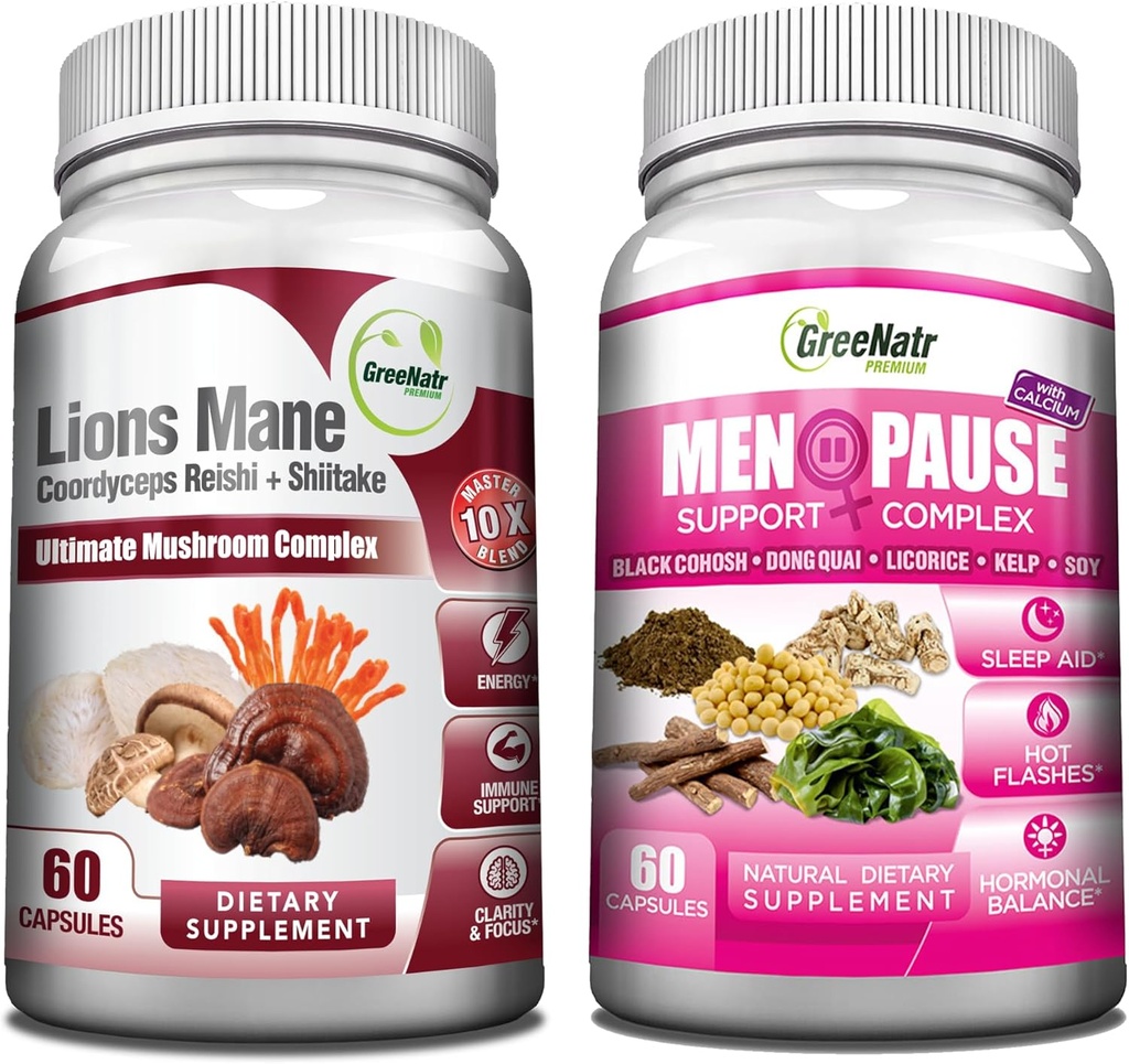 GreeNatr Energy Boost Plus Menopauze Support Bundle: Onze paddo supplement biedt een natuurlijke energie Boost, het bevorderen van duurzame vitaliteit + Herbal Menopauze Complex voor Hot Flashes, Nacht Sweaters