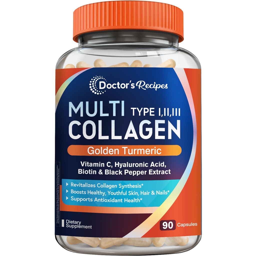 Doctor's Recipes Multi Collagen Peptides with Golden Turmeric, Vitamin C, Biotin, Hyaluronic Acid & Black Pepper, Collagen Supplements for Skin, Hair, Nail, Collagen for Women and Men, 90 Caps