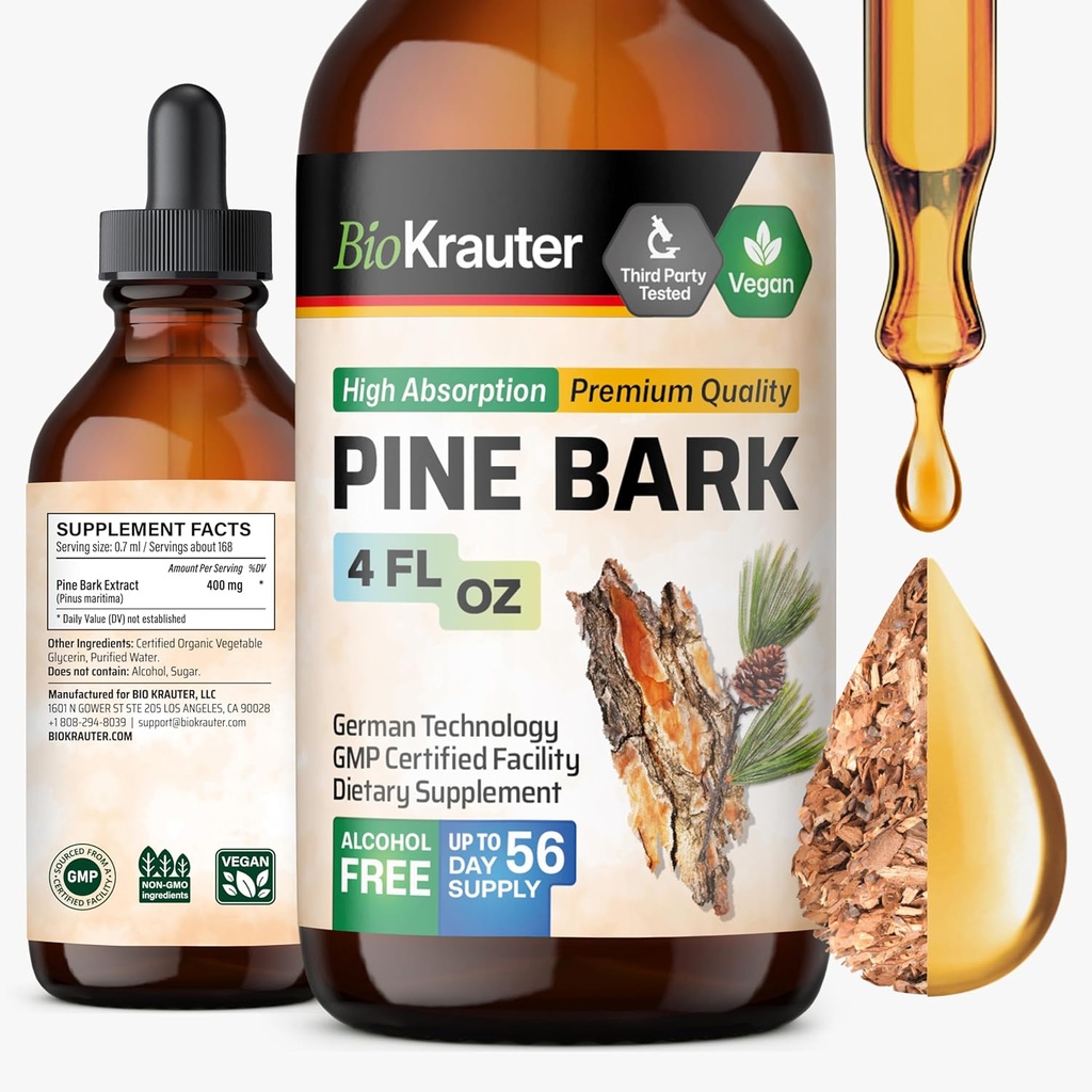 BIO KRAUTER Pine Bark Extract - Rijk aan antioxidanten Liquid Supplement - 400 mg Franse Maritime Pine Bark Extract Drops - Vegan, Alcohol & Sugar Free - 4 Fl Oz