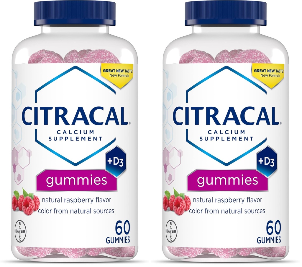 CITRACAL Calcium Supplement Gummies, Kauwbare Calcium met vitamine D3, Ondersteunt Bone Health, Calcium Kauwen voor leeftijden 12+, Natuurlijke Raspberry Flavor, 60 Tellen (Pack of 2)