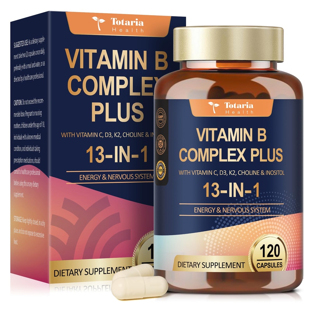 13-in-1 Vitamin B Complex Plus with Vitamin B1, B2, B3 (Niacinamide), B4, B5, B6, B7 (Biotin), B8 (Inositol), B9 (Folate), B12, C, D3, K2 - Energy, Nerve, Immune, Skin Support - 120 Vegan Capsules