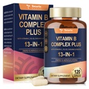 13-in-1 Vitamin B Complex Plus with Vitamin B1, B2, B3 (Niacinamide), B4, B5, B6, B7 (Biotin), B8 (Inositol), B9 (Folate), B12, C, D3, K2 - Energy, Nerve, Immune, Skin Support - 120 Vegan Capsules