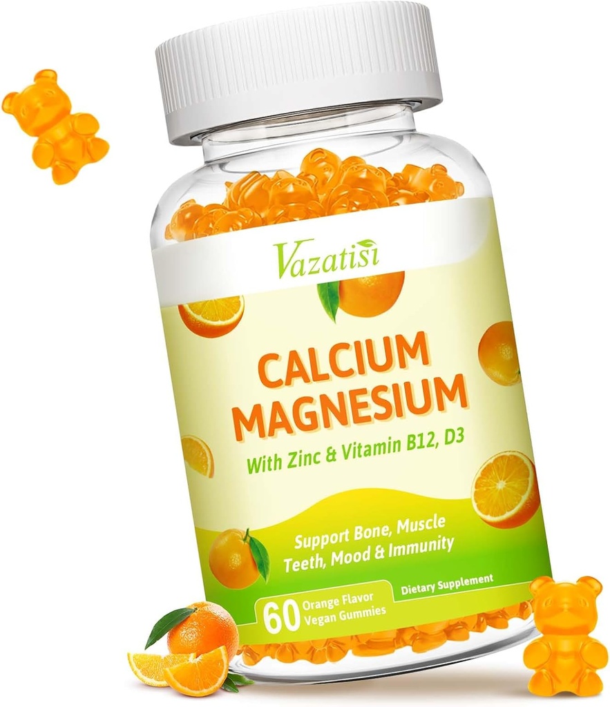 Calcium Magnesium Zinc Gummies with Vitamin D3 and K2, High Absorption Magnesium Glycinate Potassium for Immune and Calm Mood, Vegan Orange Flavor 60 Gummies