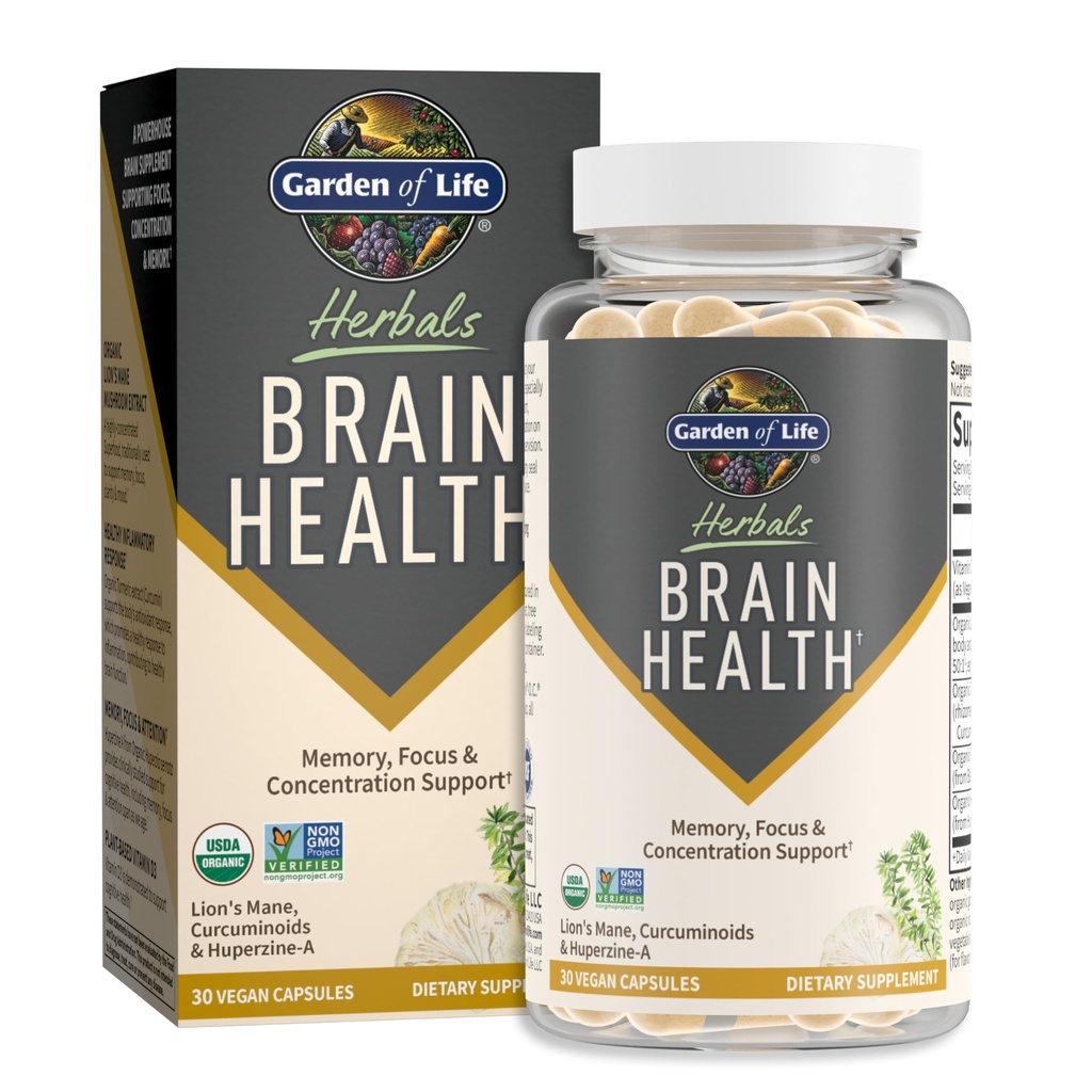 Garden of Life Brain Health Supplement met biologische Leeuwen Mane & Turmeric, Non-GMO, Glutenvrije, muntsmaak - voor geheugen, focus & gezonde hersenfunctie