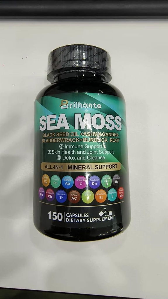 Sea Moss 27,850mg Ashwagandha 1000mg Black Seed Oil 4000mg Ashwagandha Supplements Vitamin C & D3 with Bladderwrack, Ginger, Burdock Root for Immune System-145 Capsules
