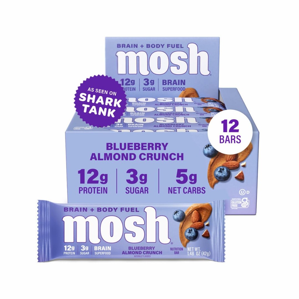 MOSH Blueberry Amandel Crunch Keto proteïnerepen, hoge vezels, lage koolstof, glutenvrij, hoog eiwit, hersenen gezonde snack, 12 Tellen