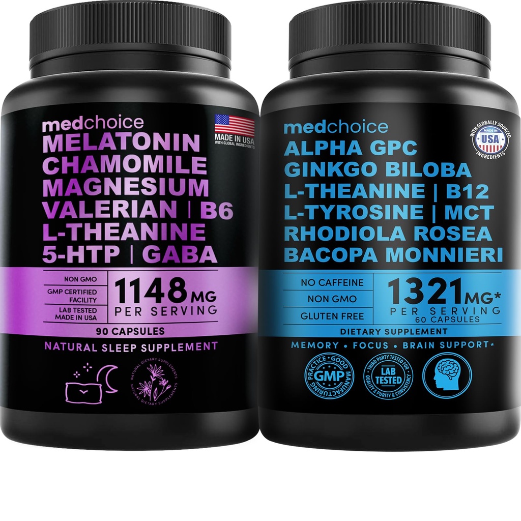 MEDCHOICE Slaap Melatonine (90ct) en Nootropic Brain (60ct) Supplement Bundle - Wellness Duo voor Slaap, Hersenen, Focus, & Mood Support - Veganistisch, Niet-GMO, Glutenvrij