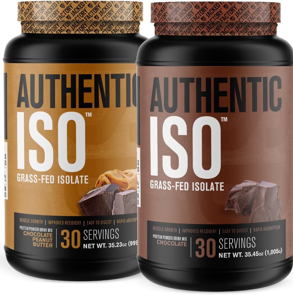 Ge Jacked Factory Authentic ISO Grass Fed Wei Proteine Isolaat Poeder - Low Carb, Non-GMO Muscle Building Protein w/No Fillers (Chocolaat Pindakaas, 30sv) & (Chocolaat, 30sv)